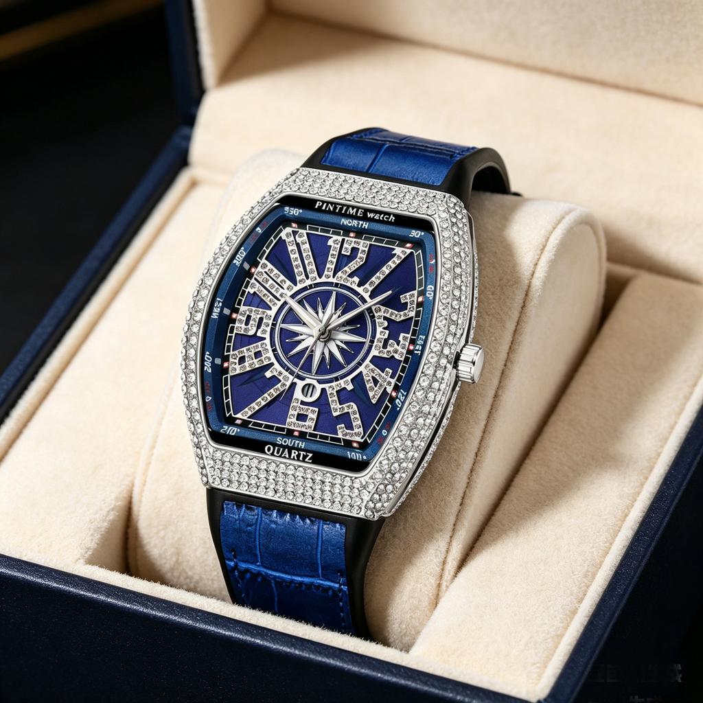 Men's Quartz Watch - Barrel-Shaped Starburst Silicone Strap Watch, Vintage Large Dial Quartz Watch with Boat Embellishments and
