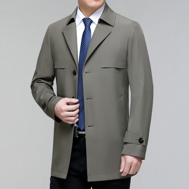 Мужская ветровка средней длины, куртка для делового повседневного ношения, для мужчин среднего возраста, простое пальто с лацканами, устойчивое к морщинам