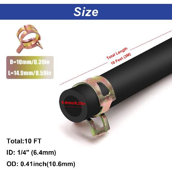 Tnisesm 1/4 Inch ID Fuel Line Hose 10 Feet + 20Pcs 2/5" ID Hose Clamps For Kawasaki Kohler Briggs & Stratton Small Gas Diesel Powersports Engines And