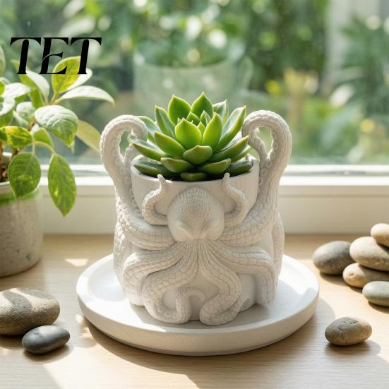 Fantasy Style Plant Container 3D Printed Octopus Planter with Tray, Unique Marine-Inspired Succulents Pot, Novelty Sea Monsters Decor Pot Drainage