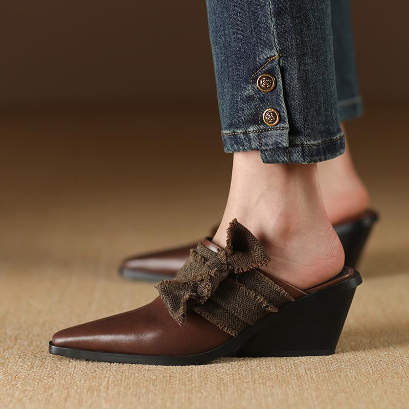 2024 Новые тапочки женские из натуральной кожи Мюли Модные летние туфли на высоком каблуке на танкетке Тапочки женские повседневные офисные туфли женские дамы