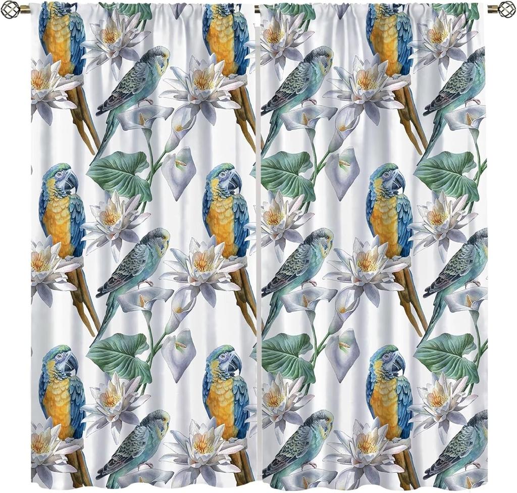 Watercolor Floral Bird Curtains - Modern White Wooden Board Hummingbird Floral Pattern - Living Room & Bedroom - Noise Reducing