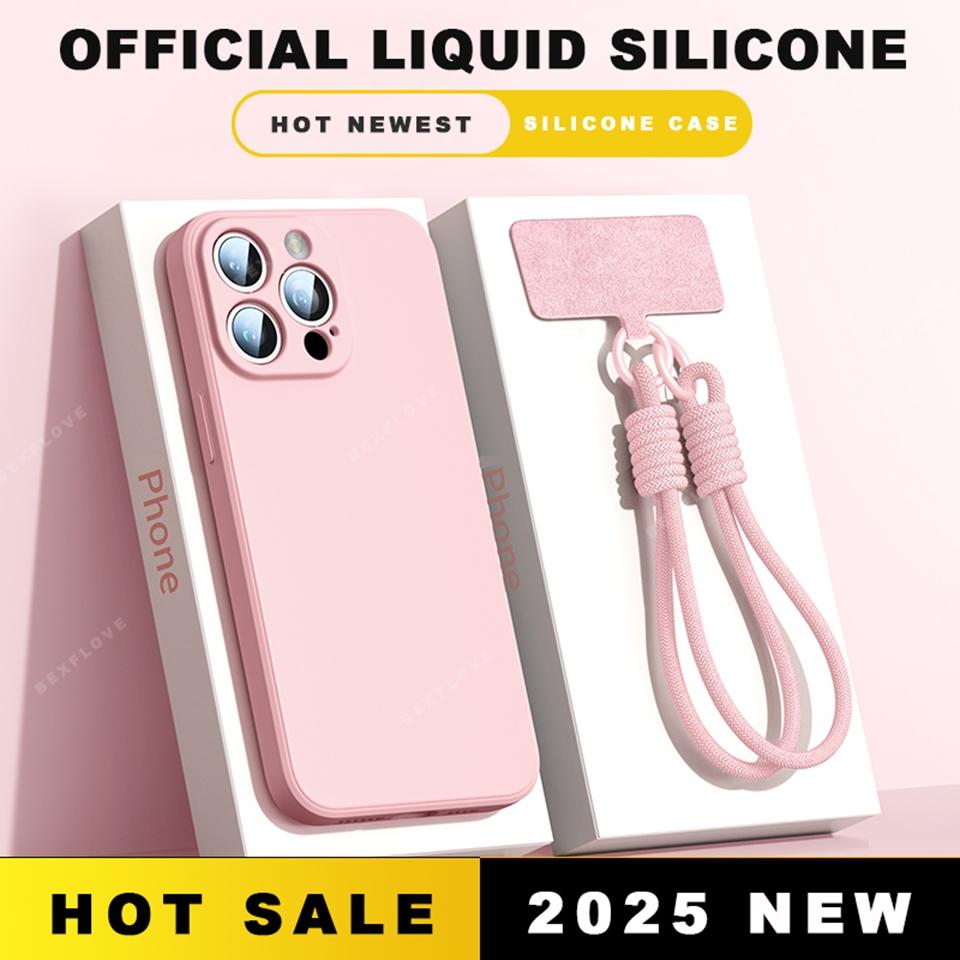 Чехол для телефона со шнурком для iPhone 16E 16 14 15 Plus 12 13 Mini 11 16 Pro X XR XS Max SE Защитный чехол из жидкого силикона с ремешком Мягкий чехол