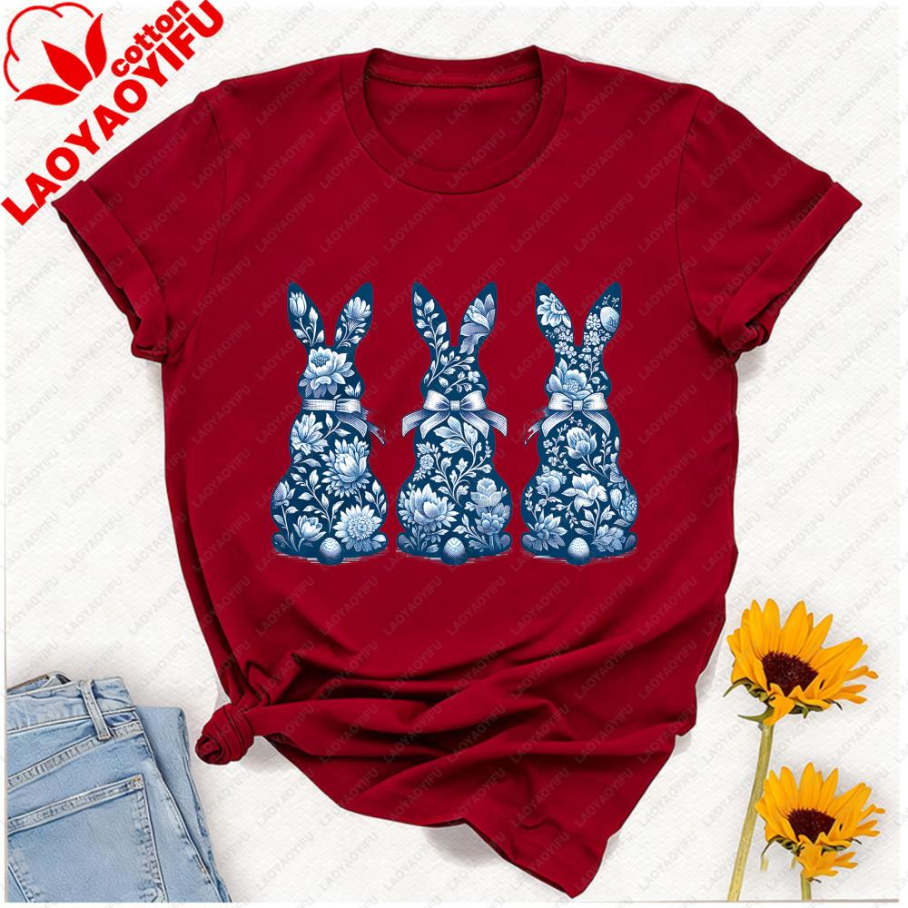 Porcelain Style Easter Bunny Tshirt Three Blue White Floral Rabbits With Bow Egg Graphic Breathable Fabric Festive Casual Tee