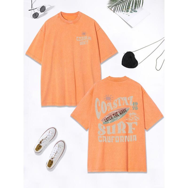 Coastal Surf Catch The Wave California Prints Washed T-Shirt Women Cotton Oversize Tops Distressed O-Neck T Shirt Summer Clothes