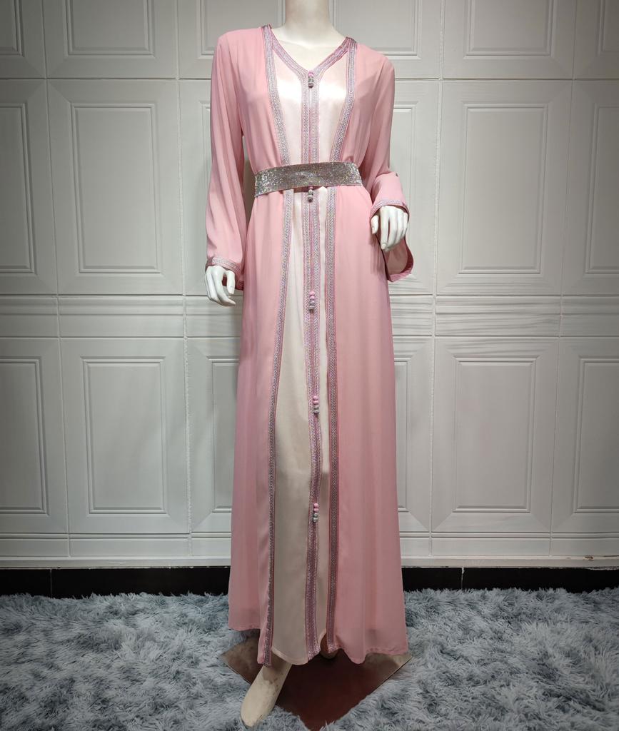 Женский шифон с V-образным вырезом, облегающий комплект из двух предметов, мусульманское платье, халат Dubai, многоцветный