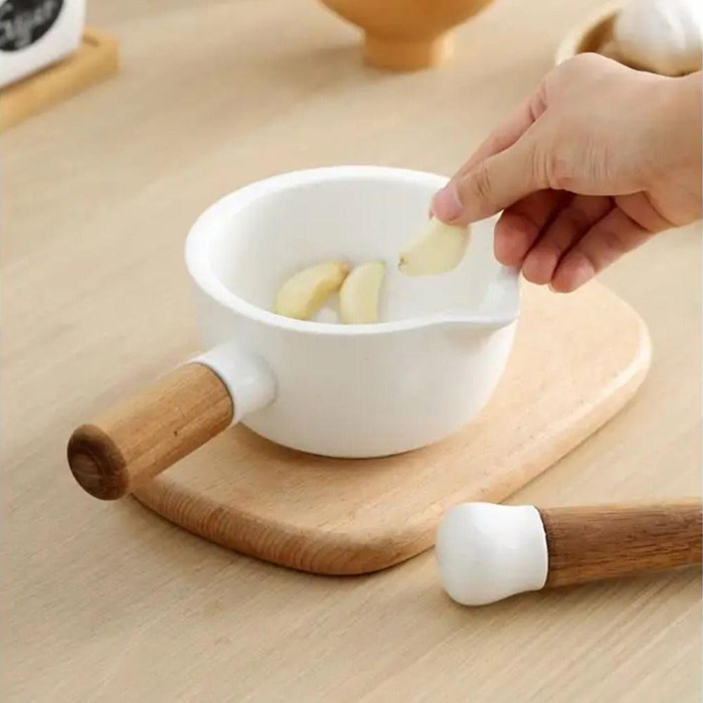 1pc Ceramic Mortar and Pestle with Wooden Handle Sturdy, Efficient Grinder for Seasoning, Spices, and Herbs Comfortable Grip, Wear Resistant Design