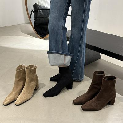 Мода 2025 Новые Высокие Каблуки Женские Ботильоны Зимняя Модная Обувь Дизайнерские Массивные Замшевые Ботинки Челси Элегантные Туфли-Лодочки для Платья Ботинки