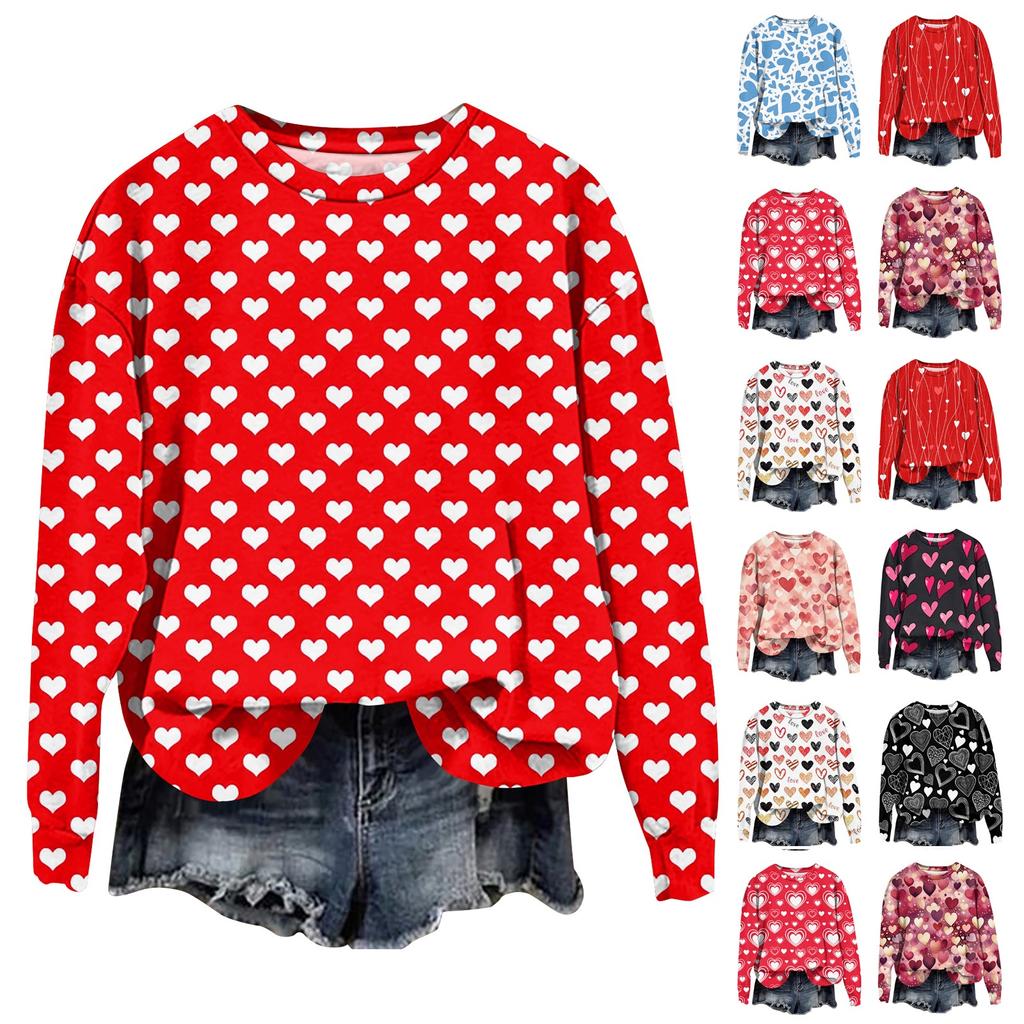 Женская мода День святого Валентина Печатный длинный рукав свободный круглый вырез толстовка Топ осень