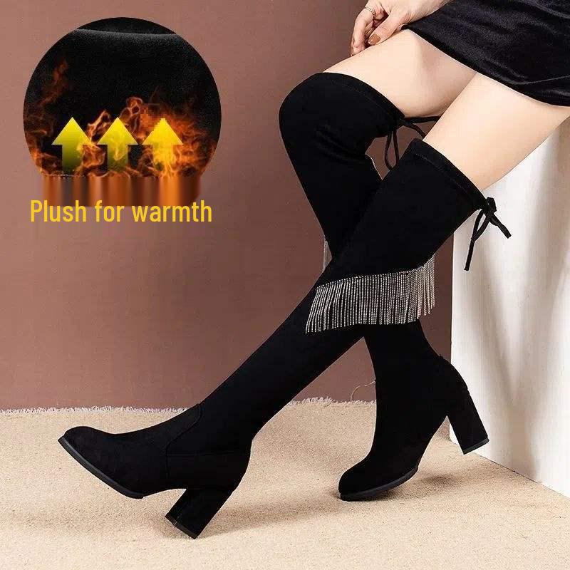 Женские замшевые ботфорты с кисточками из страз - Осень 2025 Облегающие ботинки на толстом каблуке с высоким голенищем
