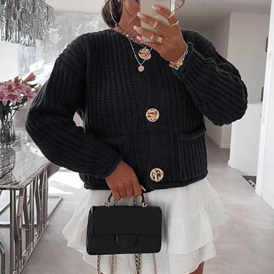 Вязаный укороченный кардиган, свитер с V-образным вырезом, длинным рукавом, на пуговицах, свободный крой, свитер, пальто с карманами, однотонный трикотаж