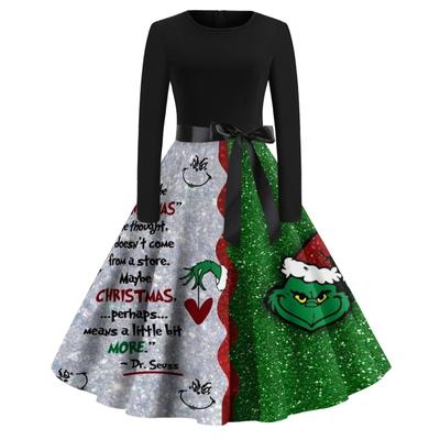 Женское модное платье с круглым вырезом, рождественским принтом, длинными рукавами, повседневное, с завязкой на талии
