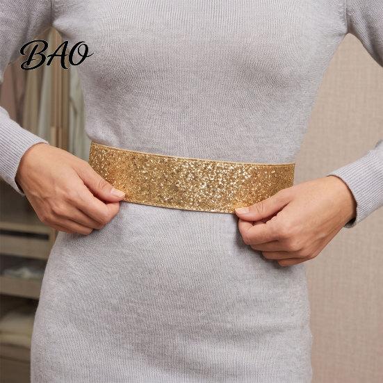 Fashion Waist Accessory for Dresses Stretchy Sequined Belt, Women Sparkly Wide Retro Dress Evening Party Snap Buttons, Glittery Elastic Band