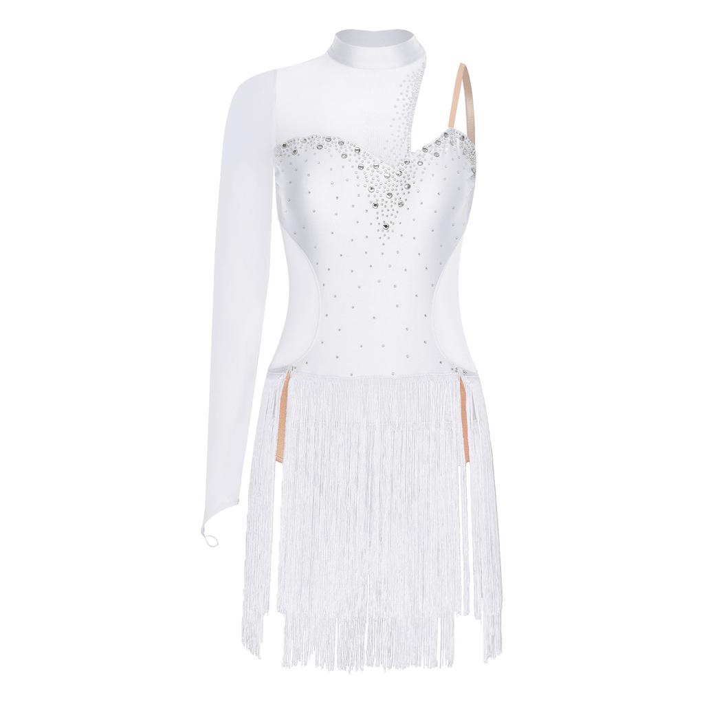 Женский костюм для латиноамериканских танцев и танго, прозрачная сетка, пэчворк, вырез на спине, блестящие стразы, асимметричное платье с бахромой