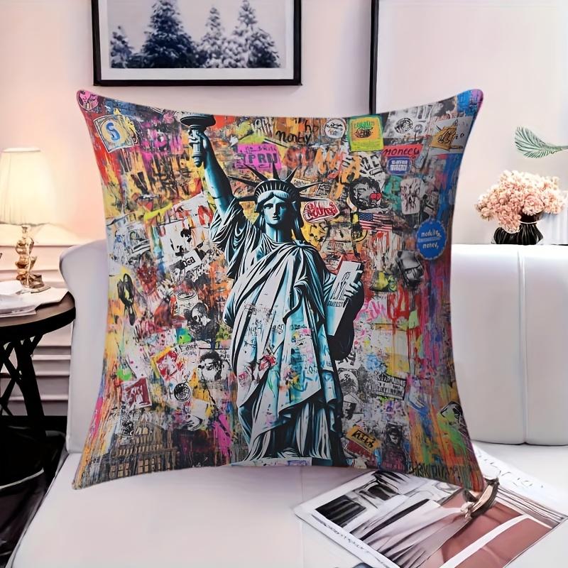 2D Flat Print Statue Of Liberty Graffiti Pillow Cover Soft Washable Home Decor Cushion Case No Insert