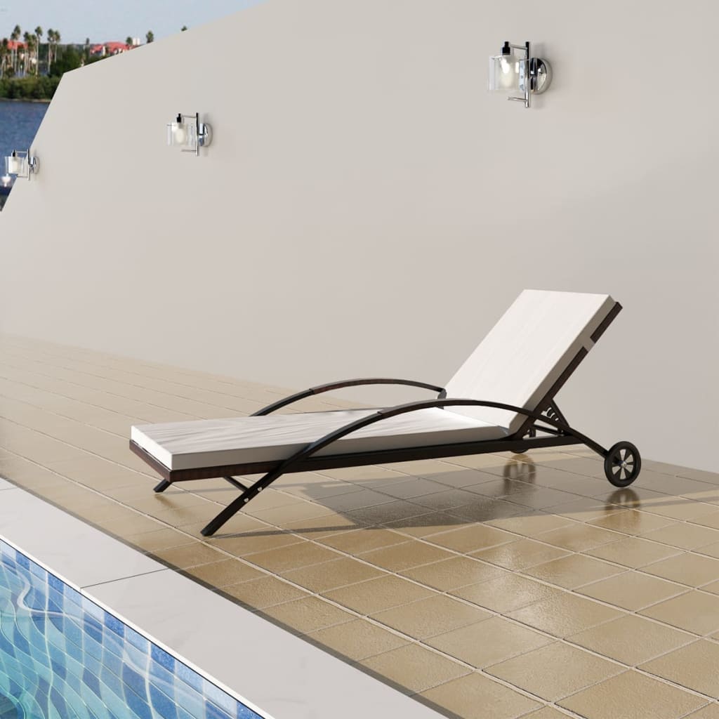 Brown Poly Rattan Sun Lounger with Cushion and Wheels
