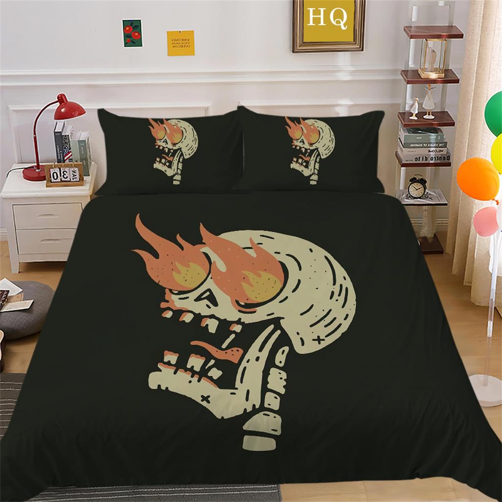 3D Horror Patterned Printed Bedding Set with Skull Head Pattern Down Duvet and Pillowcase 2/3 Pieces Halloween Festive Atmosphere Home Decoration
