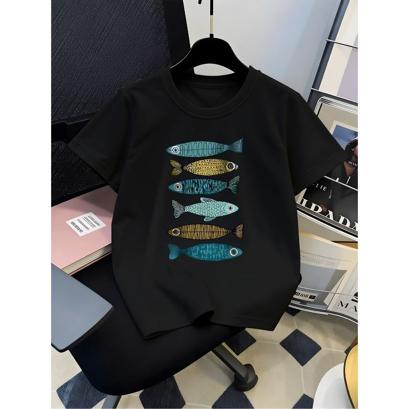 European sizes Boys' T-Shirt, Casual Short-Sleeve Tee with Fish Art Print Pattern - Fun Summer Design, Playful Kids' Fashion, Breathable Fabric