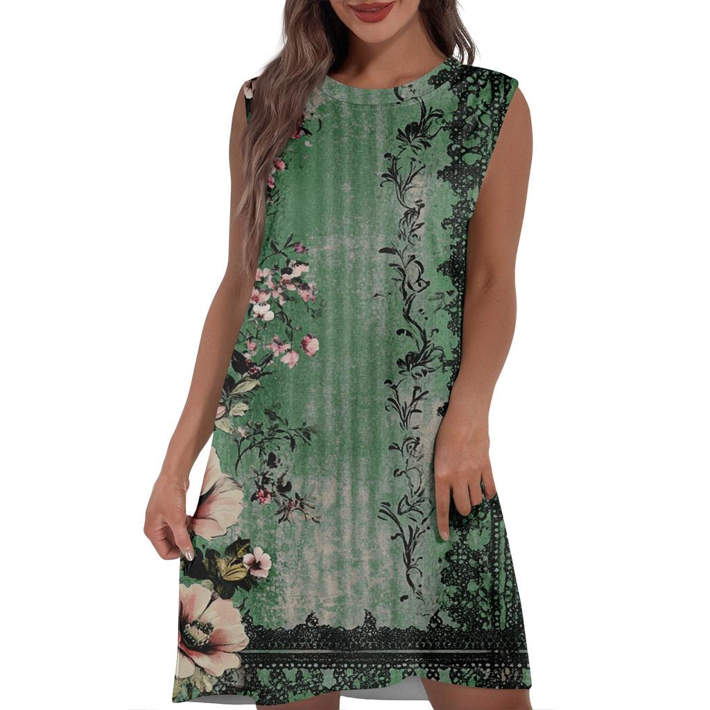 Women's Casual And Fashionable Round-neck Sleeveless Printing Mid Length Dress