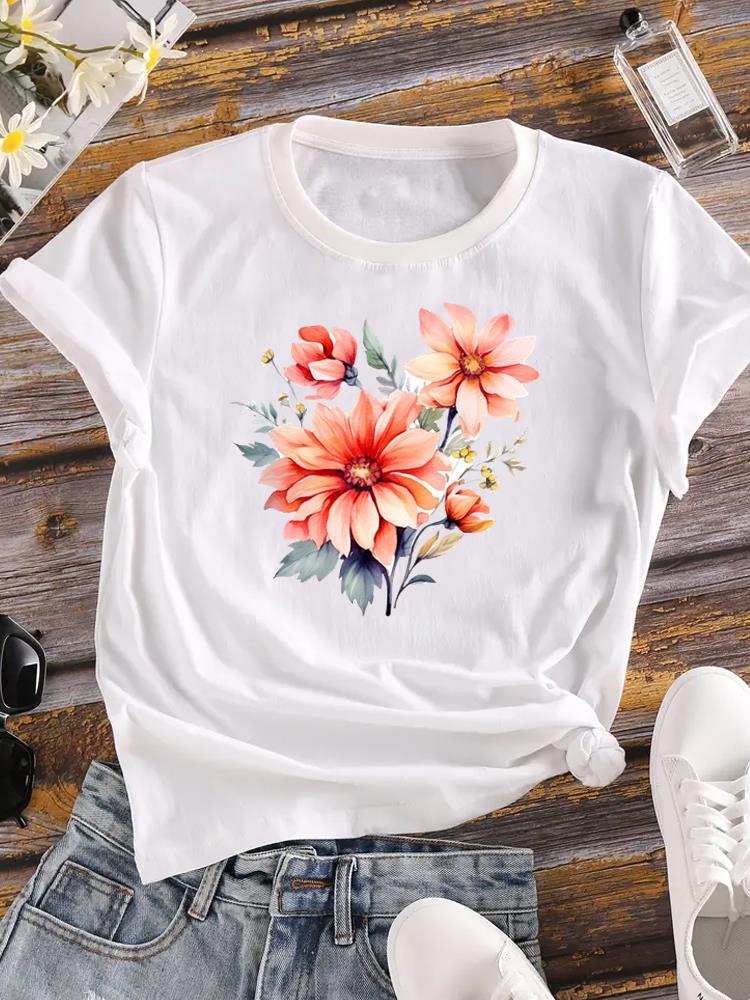 (Азиатский размер) Женская футболка с цветочным трендом, акварельная цветочная футболка с коротким рукавом, верхняя одежда, модный принт, женские повседневные женские футболки с графикой