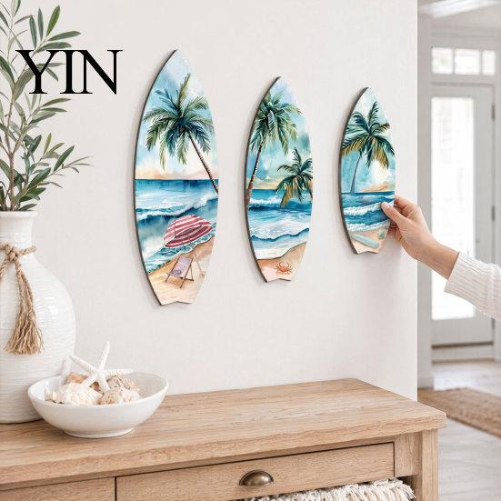 Multi-layer Polished Wood Art 3Pcs Wooden Surfboard Wall Decor, Natural Hanging Sign, Eco-friendly Sculpture Lightweight Tropical Summer Theme