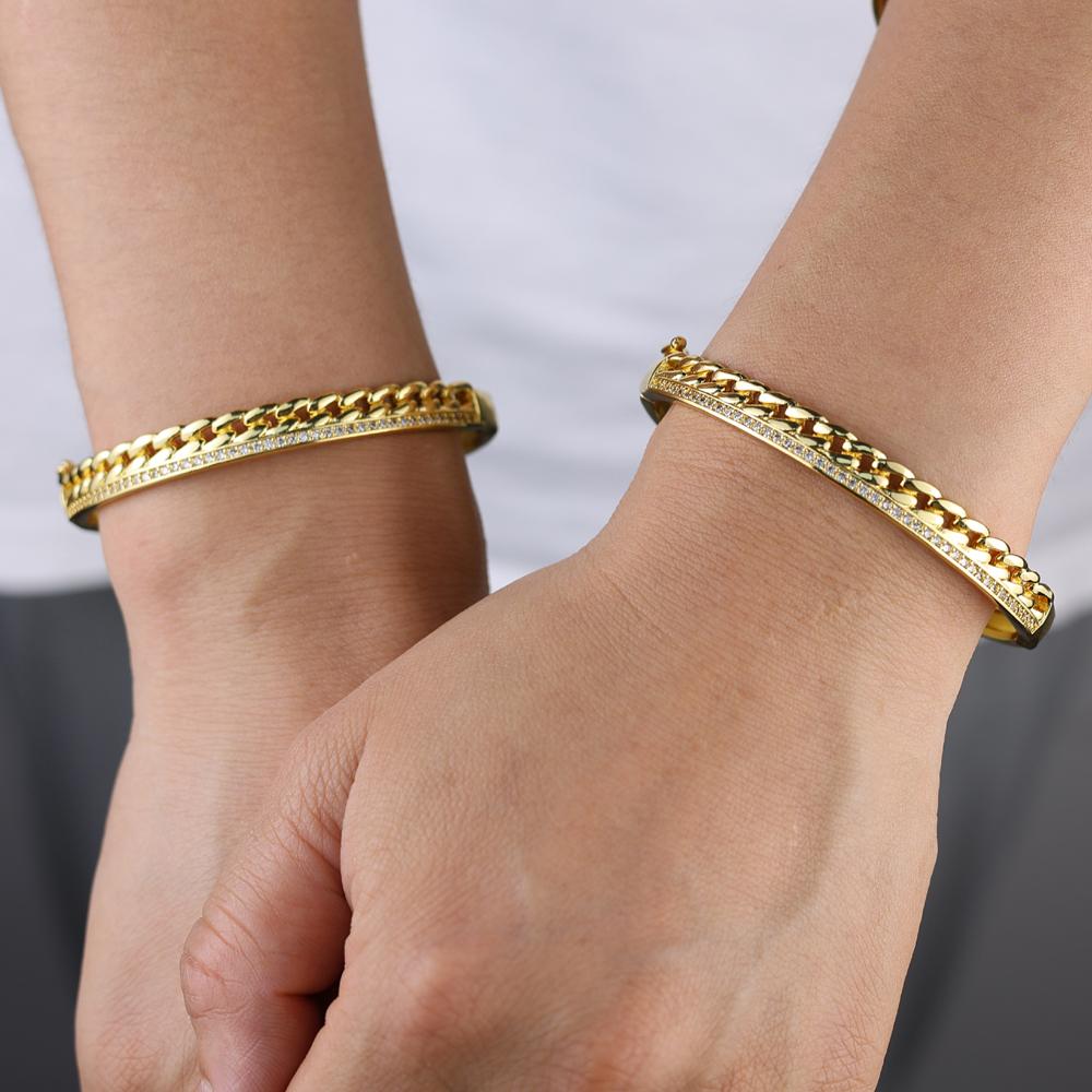 fashion Gold Plated Micro Paved CZ Cuban Link Chain Band Women Bangle