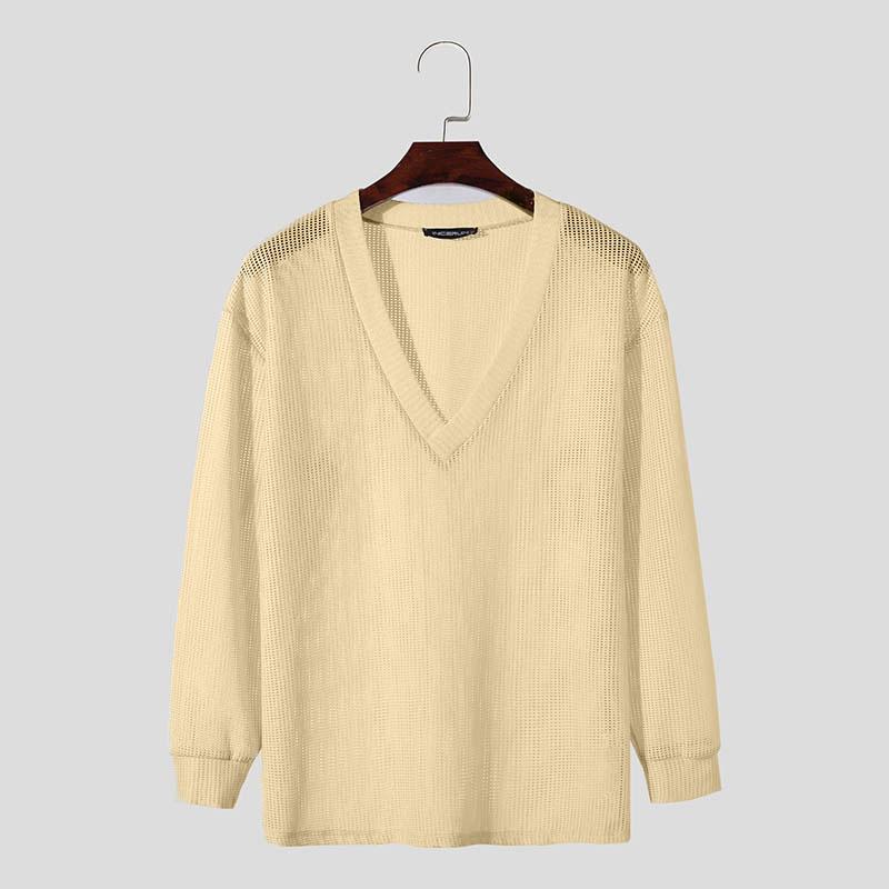 INCERUN Мужские повседневные топы с длинным рукавом и вырезом, прозрачные пуловеры