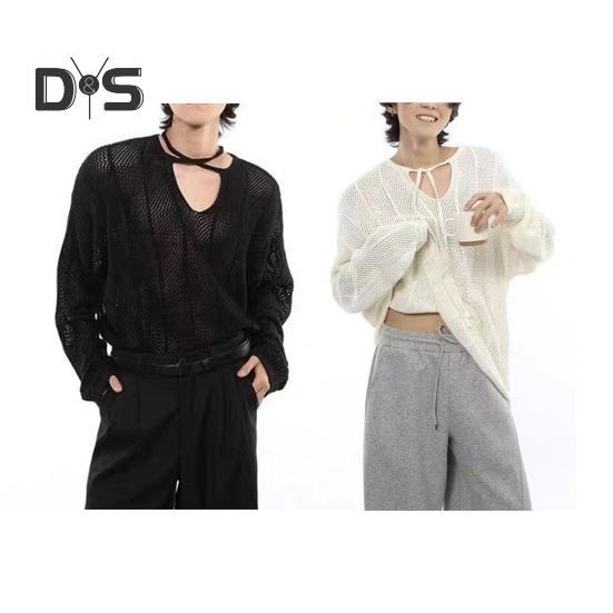 Осень-зима мужской свитер с ажурной резинкой и длинными рукавами, однотонный трикотажный пуловер с V-образным вырезом, средней длины, теплый трикотаж