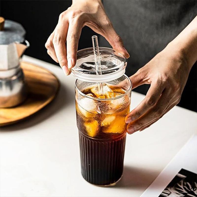 600Ml Large Capacity Stripe Glass Cup With Lid And Straw Transparent Drinking Glasses Water Cup Outdoor Drinkware Mug