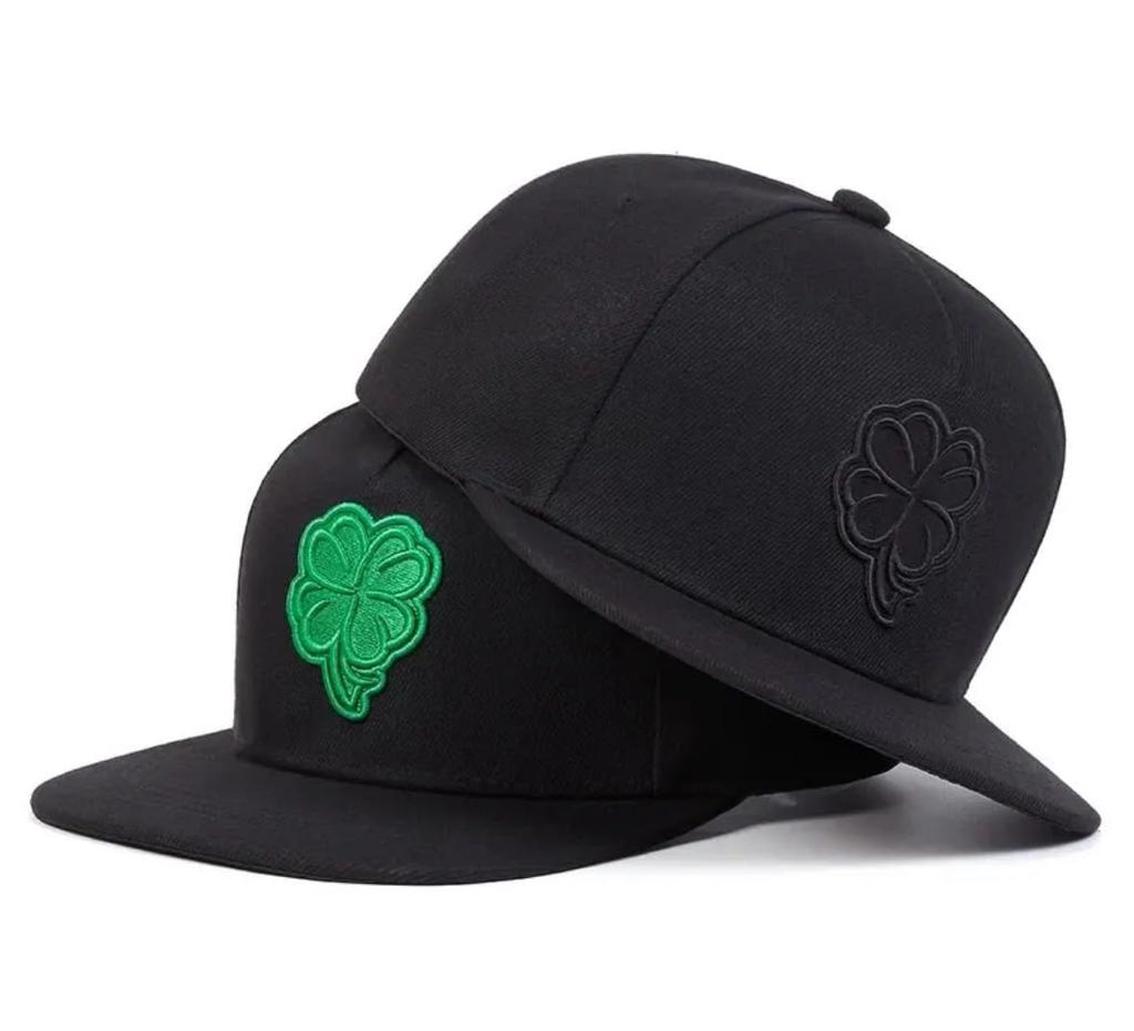 Sproutsy Men's Snapback Flat Visor Cap with Four-Leaf Clover Design (Black)