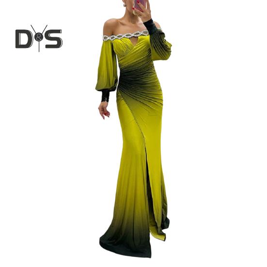 Женское вечернее платье с открытыми плечами, ажурное свадебное платье со стразами, обтягивающее плиссированное выпускное платье макси с длинными рукавами-фонариками, разрезом по низу, контрастный цветной шар