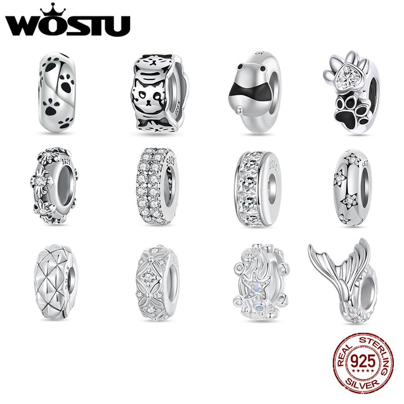 WOSTU 925 пробы Стерлинговое Серебро Оригинальные Силиконовые Бусины-Стопоры Лапка Животного Звезда Крест Цирконий Шарм Ель Браслет DIY Ювелирные Изделия Подарок