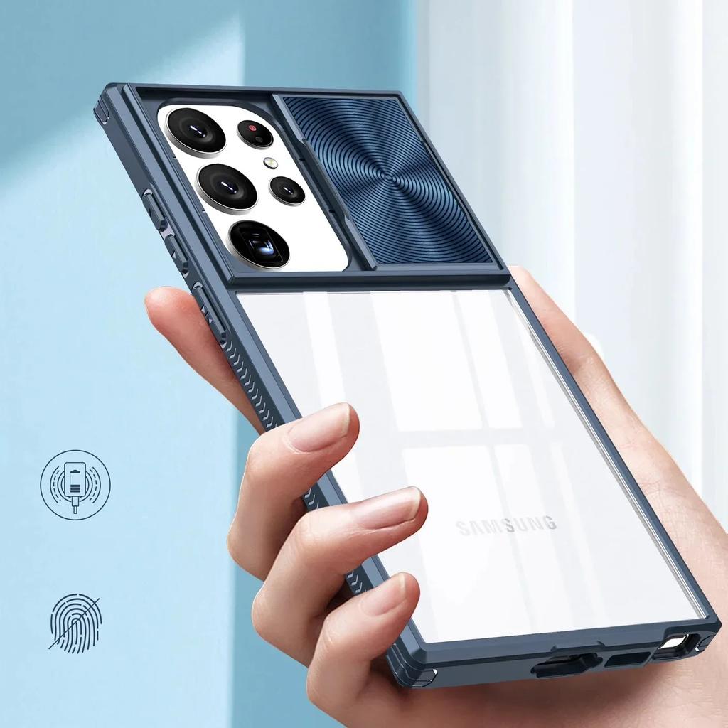 Прозрачный чехол с защитой объектива камеры-слайдера для Samsung Galaxy S25 S24 S23 S22 Ultra Plus S24FE S23FE A55 A15 Противоударный чехол