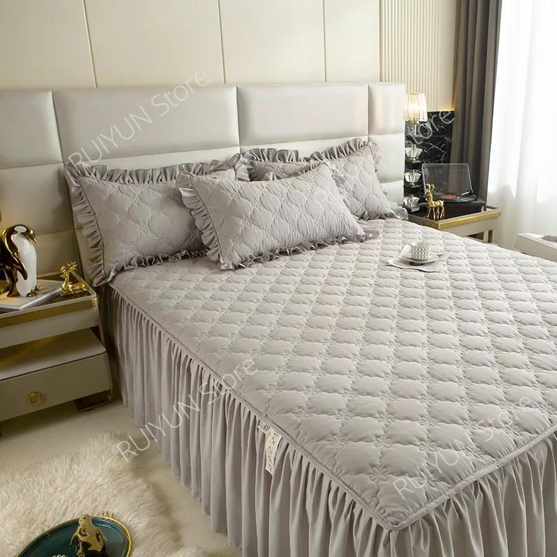 Утолщенная юбка с однотонной хлопковой подкладкой, нескользящий наматрасник, защитный чехол на кровать, постельное белье, юбка с рюшами для односпальной двуспальной кровати