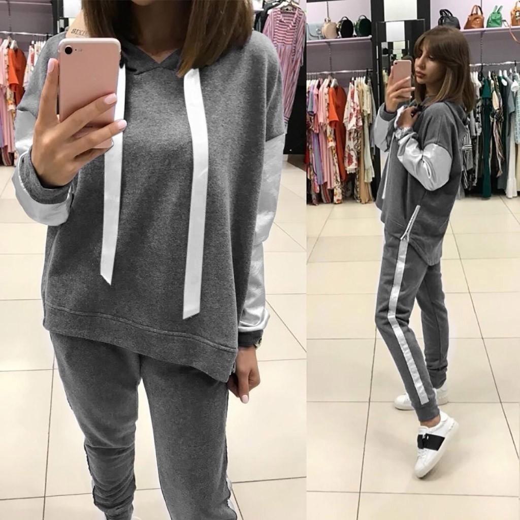 2шт / комплект женщин сплошной цвет с капюшоном толстовка и брюки спортивный костюм спортивный костюм