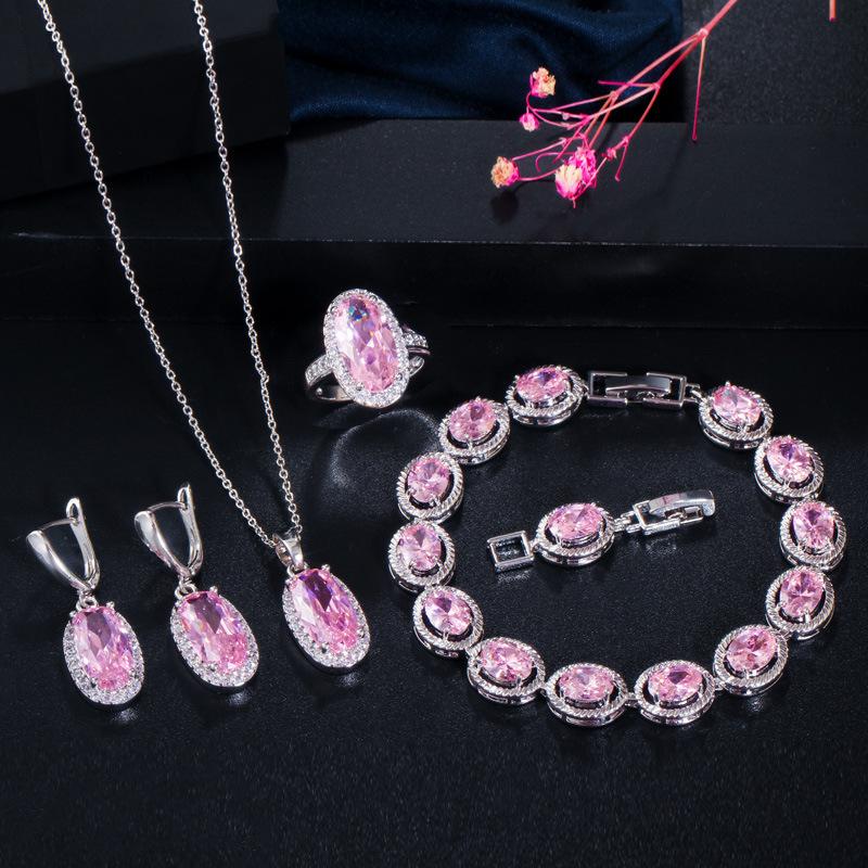 Jewelry Pink Necklace Earrings Ring Bracelet Four-Piece Set, Jewelry Set