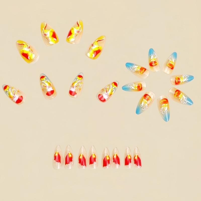 Набор из 24 прозрачно-синих накладных ногтей миндальной формы с глянцевым покрытием для женщин, легкое нанесение, длинные