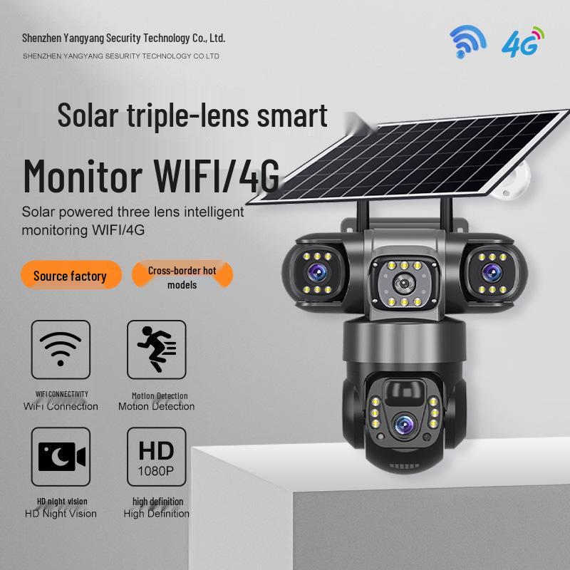 V380 Pro Outdoor 4G Solar Triple Lens Camera with 360° Rotation and Mobile Remote Control