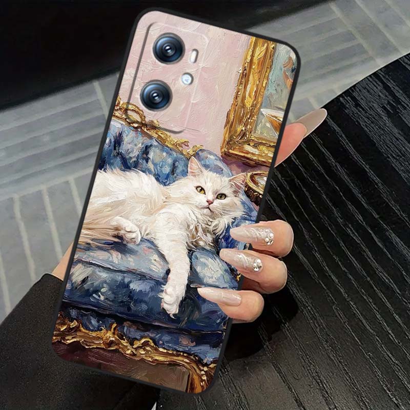 Милая мультяшная кошка Иллюстрация Чехол для телефона Для OPPO Reno 5 6 7 A96 A40 A58 Realme GT A74 A78 Neo2 A74 A78 Find X5 X3 X7 X8 Черный