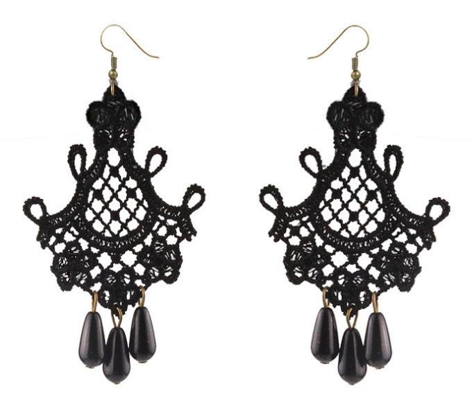 Vintage Baroque Crystal & Lace Dangle Earrings for Women - Black.