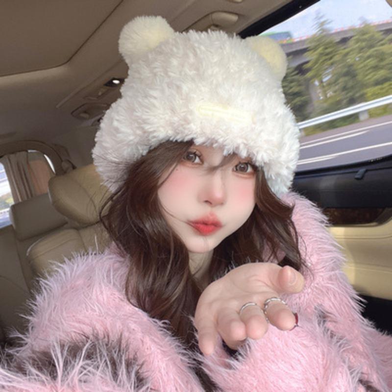 Осень и зима милая плюшевая шапка с защитой ушей в виде медведя, вязаная шерстяная шапка для детей, большая голова, маленькое лицо, универсальная плюшевая шапка