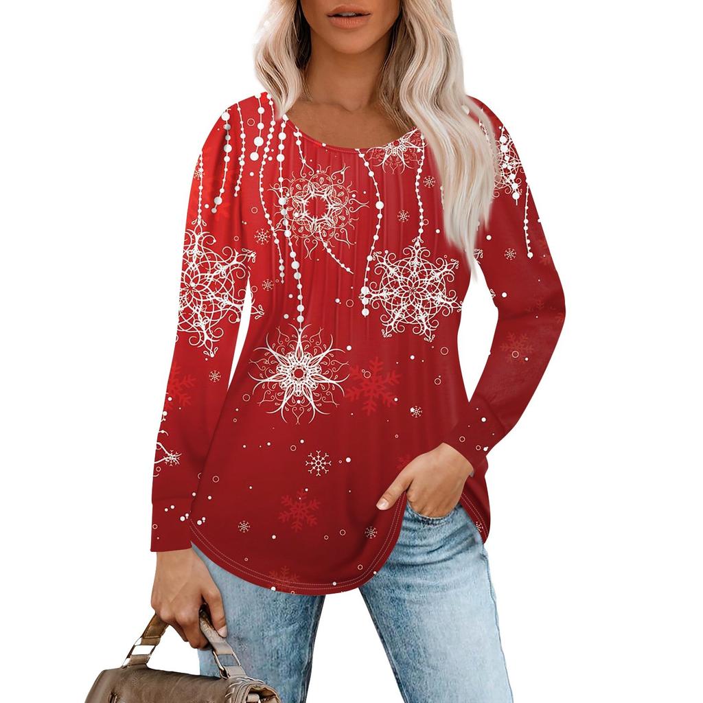 Женская повседневная футболка с круглым вырезом и длинными рукавами с рождественским принтом и складками