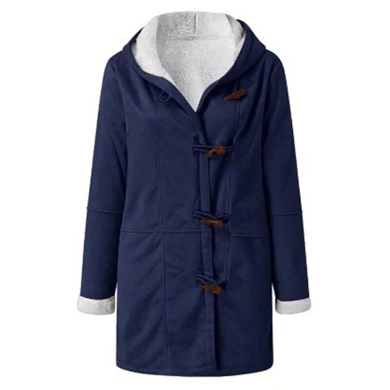 Winter Fashion Warm Thickened Long Sleeved Cowhide Button Womens Coat With Hat Casual Velvet Solid Ladies Outwears 30431