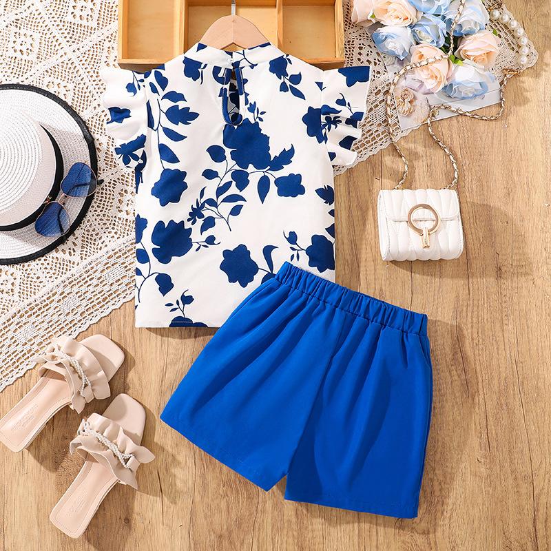 Повседневный костюм для девочек, летний детский топ с короткими рукавами и принтом, модные брюки-кюлоты, костюм из двух частей