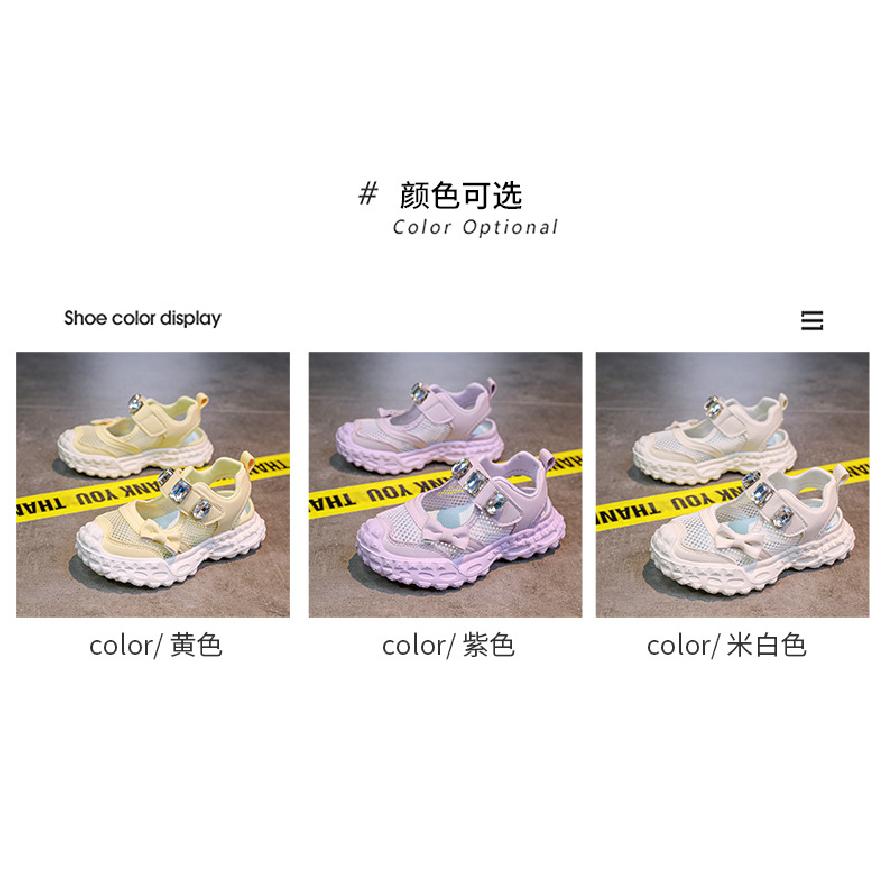 Girls' cute bowknot sports sandals with mesh for summer, little girls' shoes with large rhinestones and hollow transparent mesh
