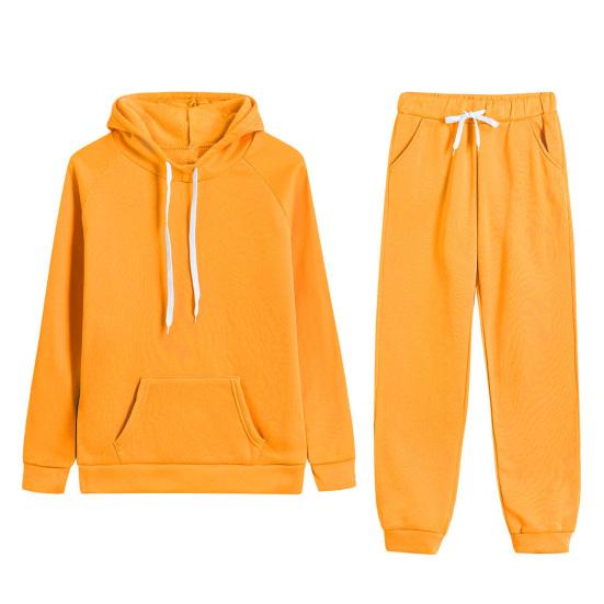 2 Pcs/Set Women Hoodie Pants Suit Solid Color Plush Long Sleeves Thick Top Elastic Waist Ankle-banded Trousers Sport Fitness