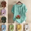 Women's Fashion Round Neck Short Sleeve T-shirt Casual Cotton Linen Graphic Shirt Leisure Loose Bouquet of Flowers Prined Summer Blouse Tops