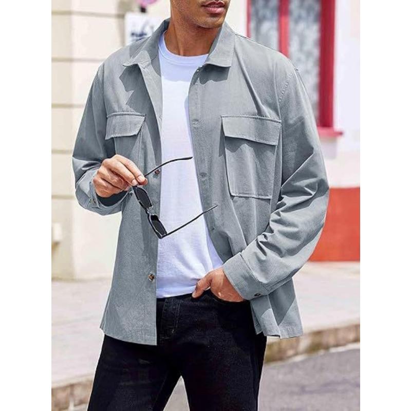 Mens Casual Solid Color Turn Down Collar Long Sleeve Loose Workwear Shirt