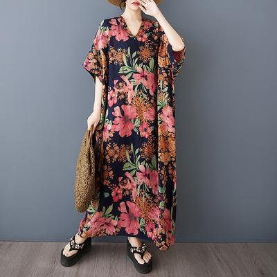 Летнее новое художественное свободное женское платье с V-образным вырезом и короткими рукавами