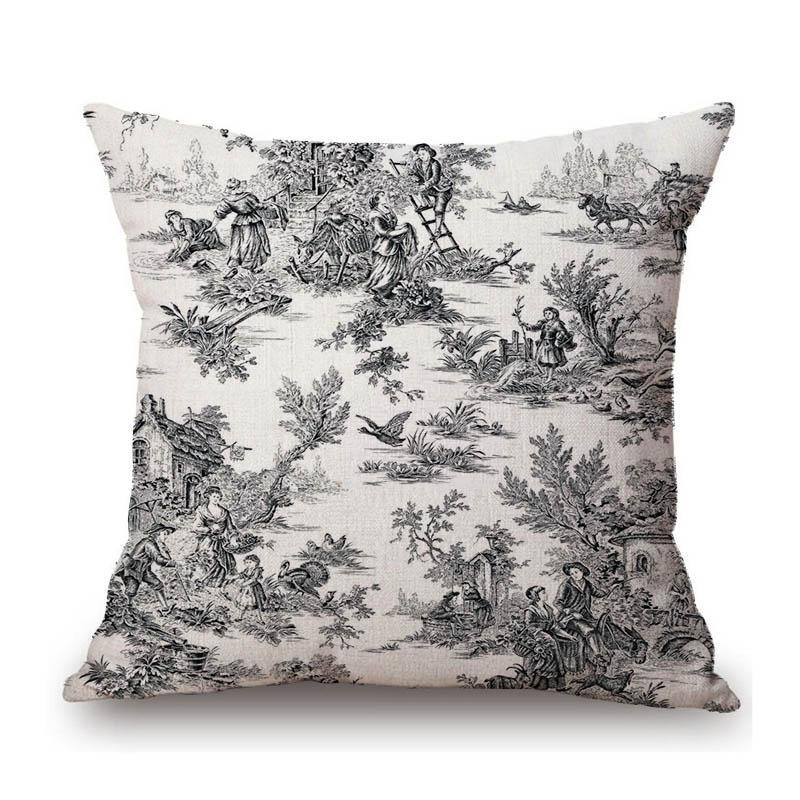 Navy Blue Delft Blue Toile De Jouy Pattern Design Royal Elegant Home Decorative Sofa Throw Pillowcase Cotton Linen Cushion Cover